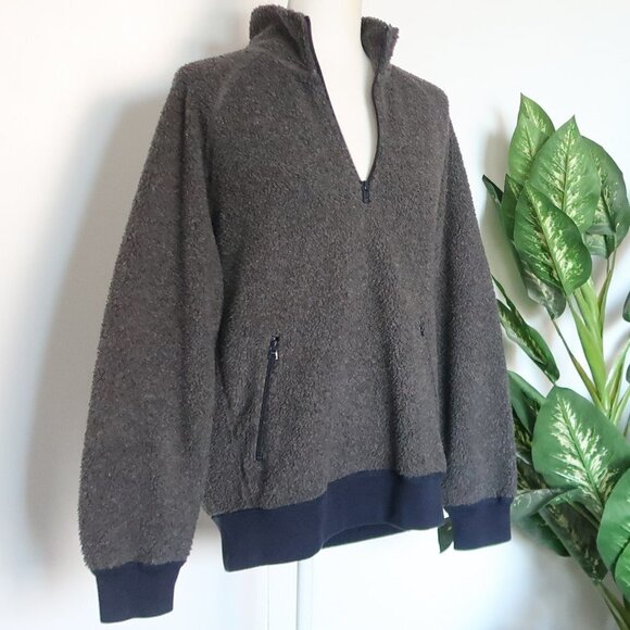 J. Crew Grey Sherpa & Navy Blue Long Sleeve Quarter Zip Pullover Sweater Jacket - Picture 1 of 12